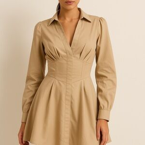 Beige Corset Waist Pleated Mini Dress – Long Sleeve, Structured Fit, Modern A-Li